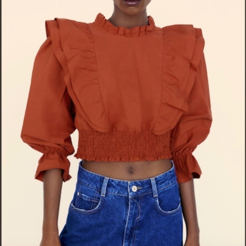 ZARA Ruffled Poplin Cropped Top